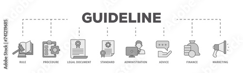 Guideline icons process flow web banner illustration of rule, procedure, legal document, standard, administration, advice, finance, marketing icon live stroke and easy to edit 