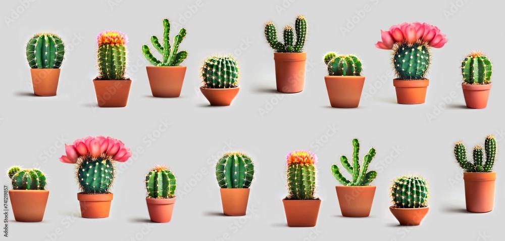Various cactus in a flower pot stand on gray background graphic. Seamless template 3d. Various cactus in a flower pot stand on gray background graphic. Seamless template 3d.