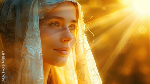 Woman in image Virgin Mary Mother of Jesus Christ in holy light. Portrait of young woman in veil in rays of the sun. photo