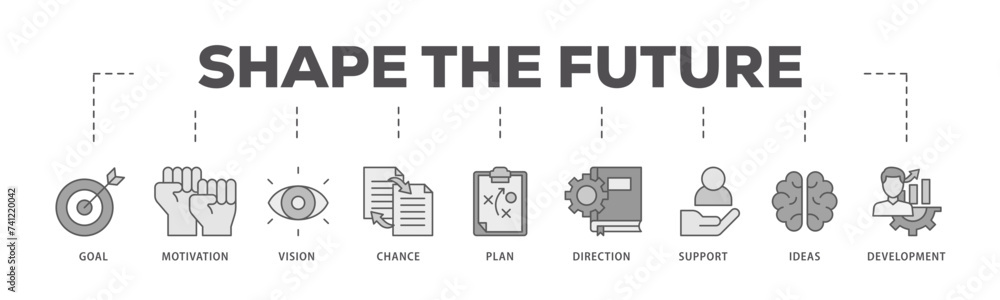 Shape the future icons process flow web banner illustration of the goal, motivation, vision, chance, plan, direction, support, ideas, and development icon live stroke and easy to edit Shape the future icons process flow web banner illustration of the goal, motivation, vision, chance, plan, direction, support, ideas, and development icon live stroke and easy to edit