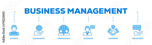 Business management icons process flow web banner illustration of business, management, organization, leadership, teamwork and employment icon live stroke and easy to edit 