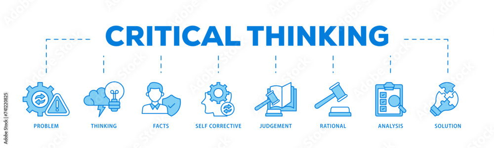 Critical thinking icons process flow web banner illustration of solution, analysis, self corrective, rational, judgement, facts, thinking, problem icon live stroke and easy to edit Critical thinking icons process flow web banner illustration of solution, analysis, self corrective, rational, judgement, facts, thinking, problem icon live stroke and easy to edit