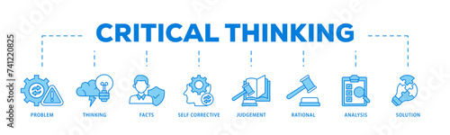 Critical thinking icons process flow web banner illustration of solution, analysis, self corrective, rational, judgement, facts, thinking, problem icon live stroke and easy to edit 
