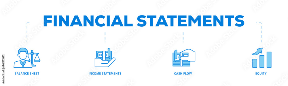 Financial statements icons process flow web banner illustration of graph, balance sheet, pie chart, income statements, money, calculator, income, earningicon live stroke and easy to edit 