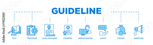 Guideline icons process flow web banner illustration of rule, procedure, legal document, standard, administration, advice, finance, marketing icon live stroke and easy to edit 