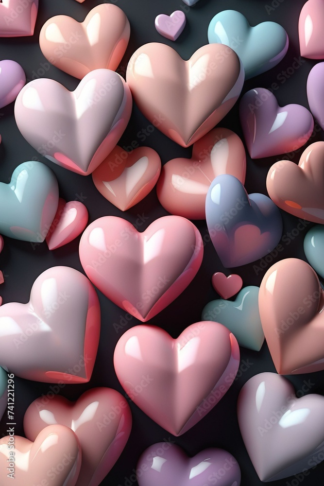 Many 3d hearts on a dark background, pastel colors, vertical composition