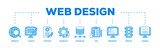 Web design icons process flow web banner illustration of coding, traffic, browser, usability, seo, database, content, layout, website icon live stroke and easy to edit 