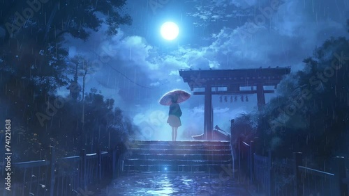 Lofi anime girl standing on rainy night temple. Under the bright moon. Holding an umbrella. Loop animation video photo