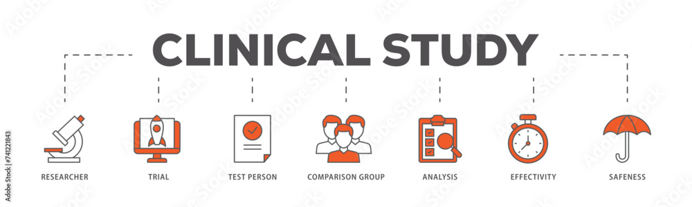 Clinical study icons process flow web banner illustration of researcher, trial, test person, comparison group, analysis, effectivity, and safeness icon live stroke and easy to edit 