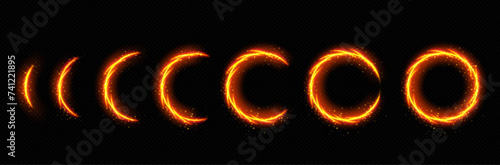 Fire circle portal with flame and sparkles loading progress steps. Realistic vector illustration set of different process stages of appearance and completion of orange bright neon glowing ring.