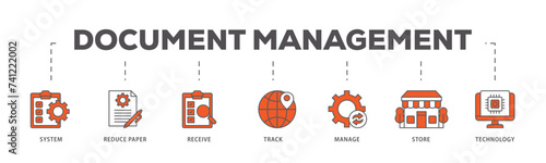 Document management icons process flow web banner illustration of system  reduce paper  receive  track  manage  store  cloud and technology icon live stroke and easy to edit 