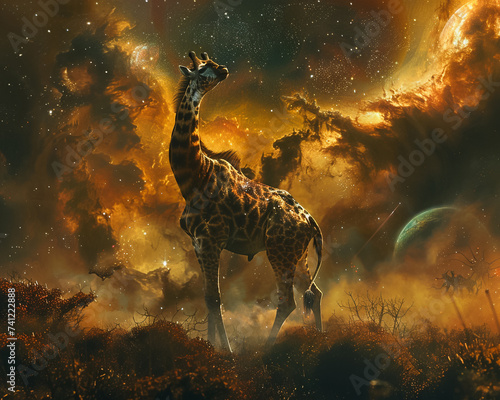 Hyenas and giraffes in a steampunk space opera navigating nebulae and biotechnological landscapes seen through the Hubble