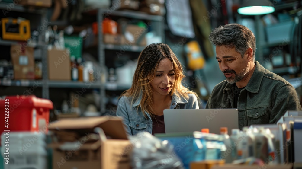 Various small business partners working in home garages and talking. Spanish female manager filling out online orders on a laptop Various small business partners working in home garages and talking. Spanish female manager filling out online orders on a laptop