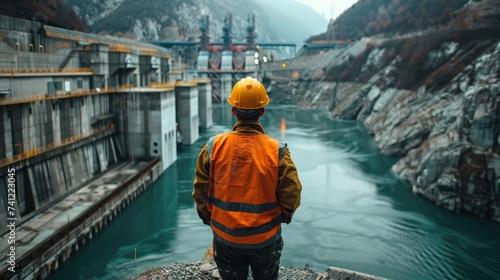An engineer stands and watches a hydroelectric power plant from a dam.