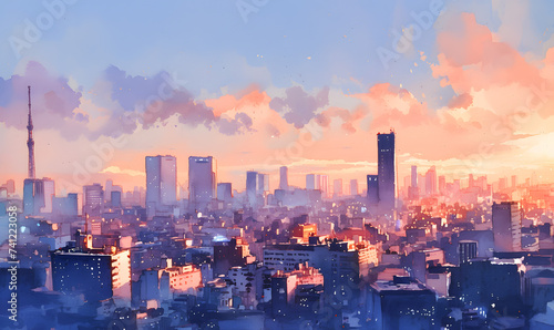Watercolor painting capturing the iconic skyline of a bustling city at sunset, Generative AI © simba kim