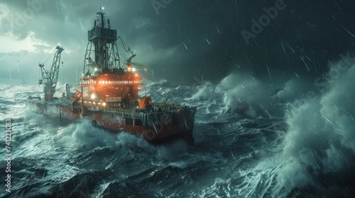 Engineers are working on an oil rig or natural gas rig at sea in extreme weather conditions.