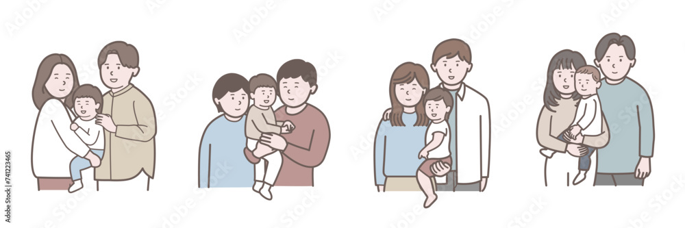 若い3人家族の上半身イラストセット