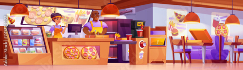 Pizzeria interior with male and female employees at counter. Vector cartoon illustration of italian food restaurant menu, pizza, sandwiches, french fries and soda, coffee machine, tables and chairs