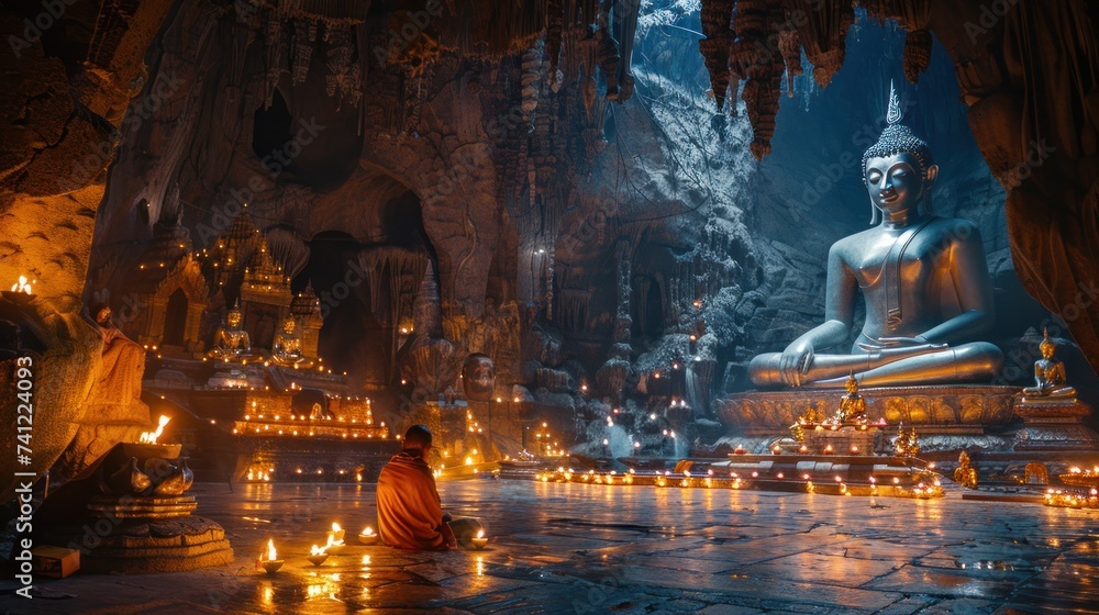A cave temple, a large reclining Buddha statue, lit candles and a monk praying. A cave temple, a large reclining Buddha statue, lit candles and a monk praying.