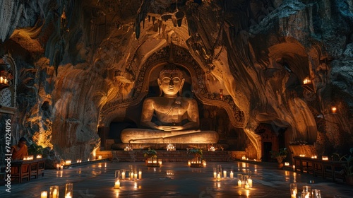 A cave temple, a large reclining Buddha statue, lit candles and a monk praying.