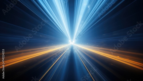 Abstract warp speed yellow and blue light futuristic technology.