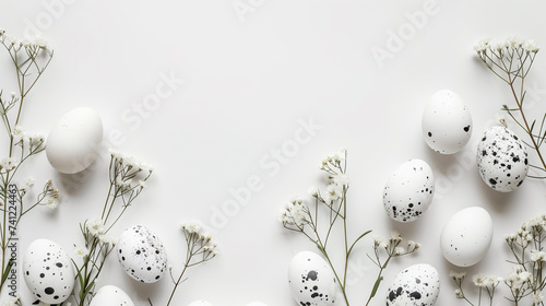 White Easter eggs on white background with spring flowers and space for writing. Minimalistic soft Easter background.
