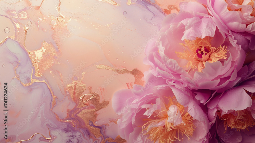 Peony flowers on abstract background made of peach fuzz colored marble with gold veins. Spring composition with copy space.