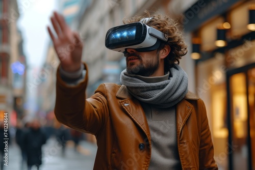 Thrilled Man Experiencing Virtual Reality on a Busy Urban Street © Yulia