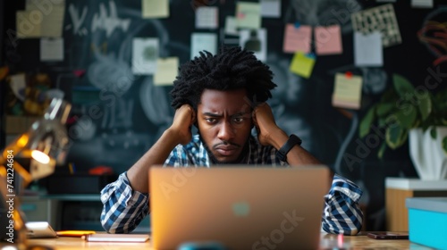Stressful Job. Stressed African Businessman At Laptop Touching Head Having Problem At Workplace Sitting In Modern Office. Crisis And Entrepreneurship Business Issues