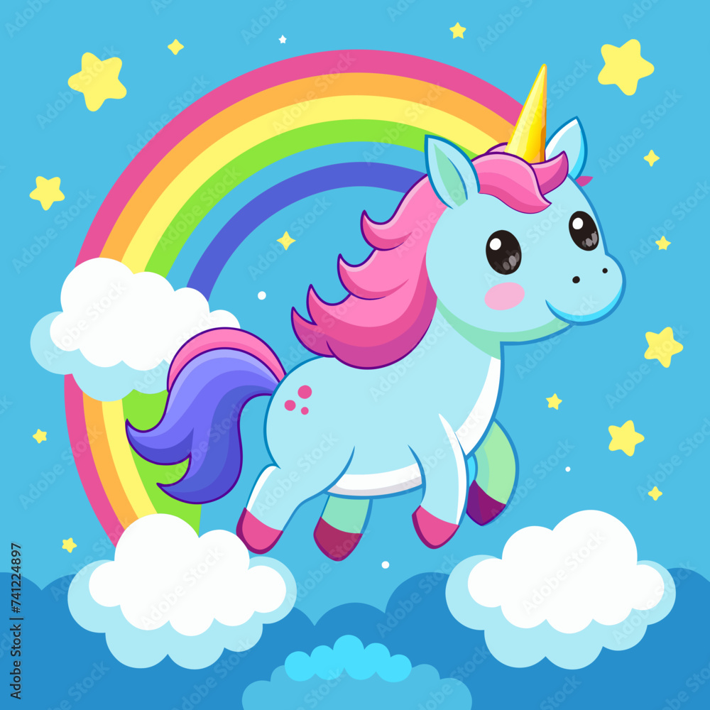 Cute unicorn on the sky with rainbow 