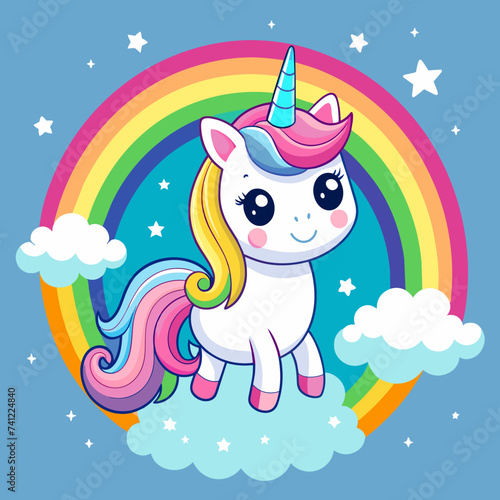 Cute unicorn on the sky with rainbow 