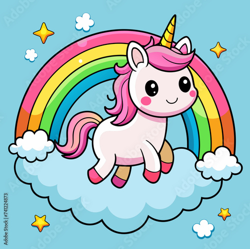 Cute unicorn on the sky with rainbow 