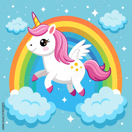 Cute unicorn on the sky with rainbow 