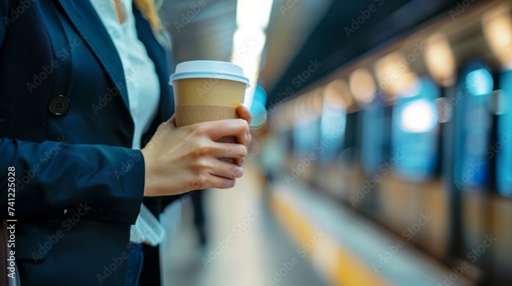 custom made wallpaper toronto digitalBusiness woman holding a paper coffee cup Waiting in the subway station
