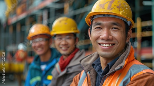 A Happy of team construction worker. Engineer, construction and team or manager outdoor for civil engineering and building. Engineering, construction site and team outdoor for building project. © sirisakboakaew