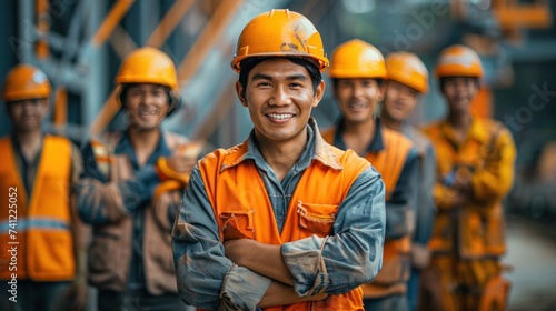 Happy of team construction worker. Engineer, construction and team or manager outdoor for civil engineering and building. Engineering, construction site and team outdoor for building project.