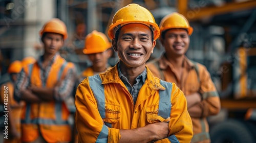Happy of team construction worker. Engineer, construction and team or manager outdoor for civil engineering and building. Engineering, construction site and team outdoor for building project. © sirisakboakaew