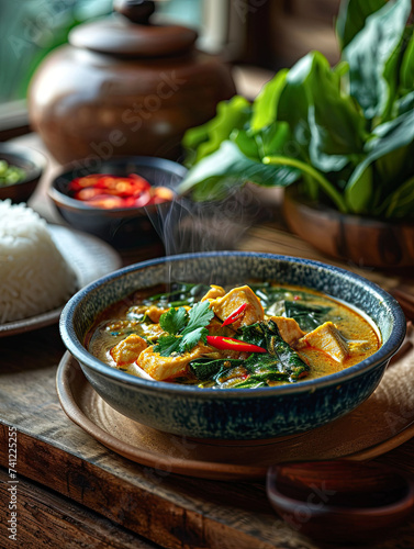 A steaming bowl of green curry chicken, a plate of fragrant jasmine rice. The art of Thai cuisine