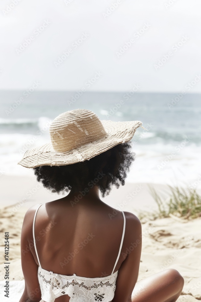 A woman in a hat sits on the beach, enjoying the view and the warm sun.