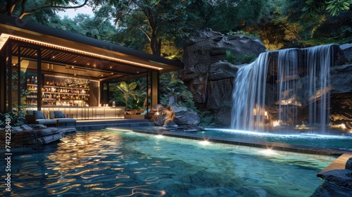 Shot of luxurious swim up bar with waterfalls in the background. © sirisakboakaew