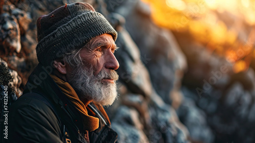 Portrait of elderly man, who still enjoy, making memories, searching, adventures and hiking under sun light at the cliff.