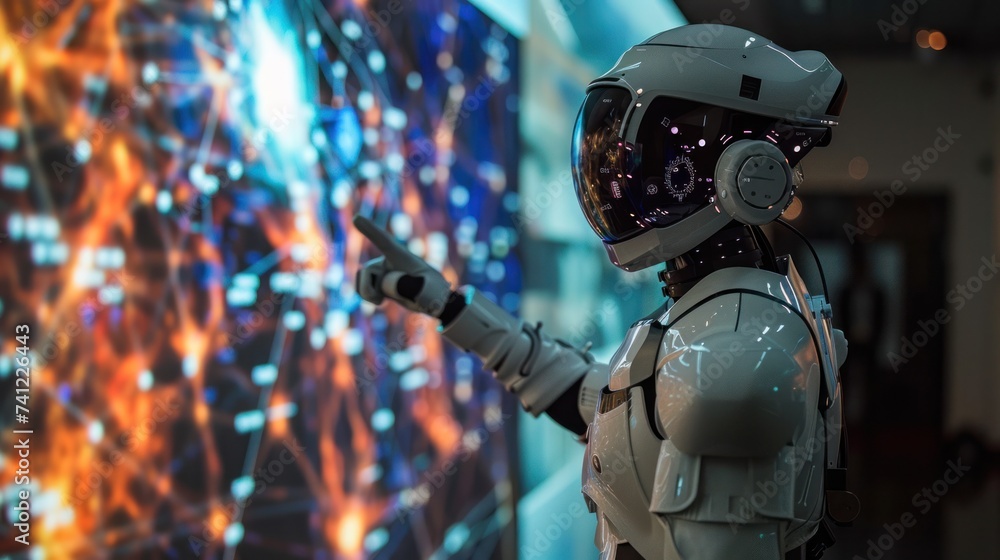 Fototapeta premium The simulation robot pointed at the large screen and introduced complex data.