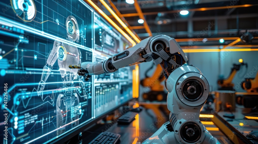 The simulation robot pointed at the large screen and introduced complex data. The simulation robot pointed at the large screen and introduced complex data.
