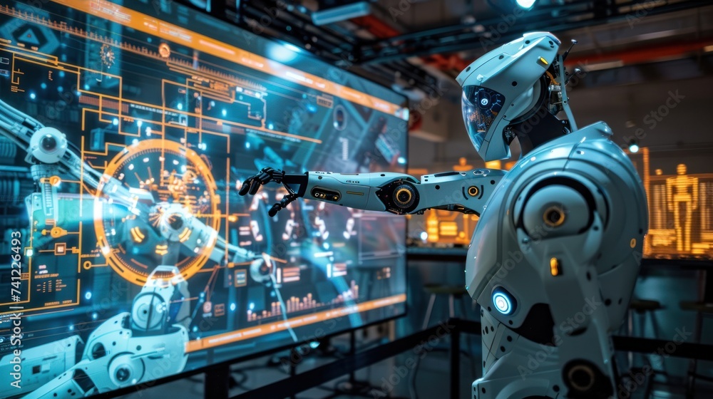 The simulation robot pointed at the large screen and introduced complex data. The simulation robot pointed at the large screen and introduced complex data.