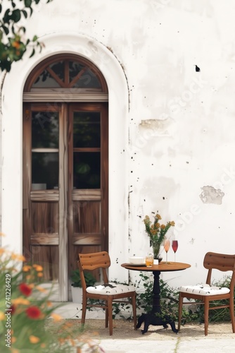 Quaint Outdoor Cafe Table with Wooden Chairs and Floral Centerpiece Against Aged Wall