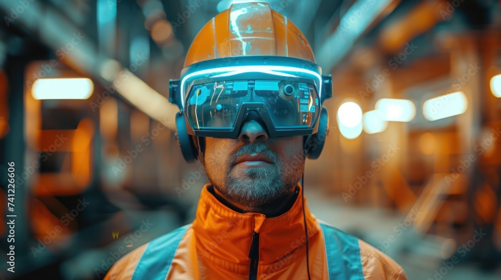 Worker in safety helmet with futuristic AR visor and headphones in a construction site - obrazy, fototapety, plakaty 
