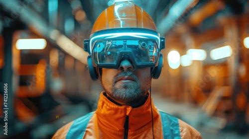 Worker in safety helmet with futuristic AR visor and headphones in a construction site photo