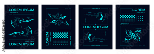 Neon blue abstract neo tribal shapes on black background on poster design template in y2k trendy style. Vector set of banner and cover layout with minimalistic cyberpunk gothic elements and stickers. photo