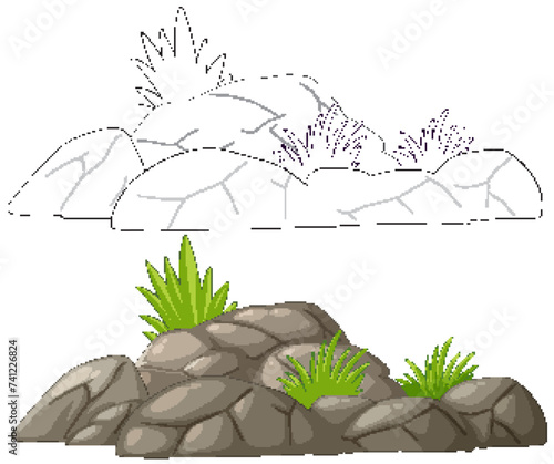 Simple rock formation with green plants vector.
