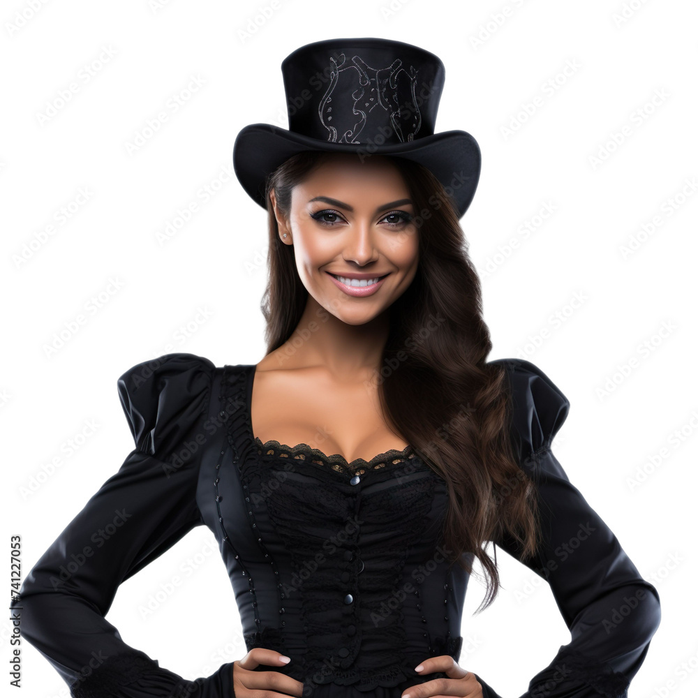 Front view mid body shot of an extremely beautiful Latin female model dressed as an Magician smiling with arms folded, isolated on a white transparent background
